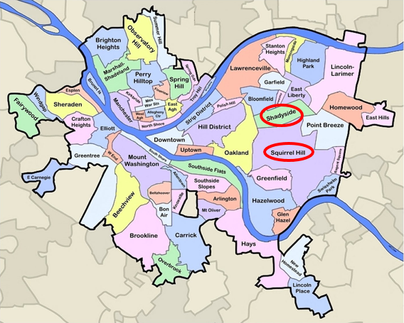 Neighborhoods of Pittsburgh, highlighting Shadyside and Squirrel Hill.