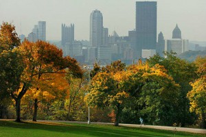 A View of Downtown Pittsburgh atop a hill in Schenley Park.