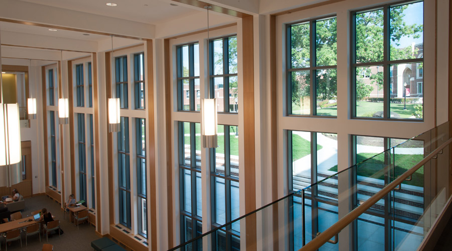 STEM Hall atrium, featuring sage-glass windows.